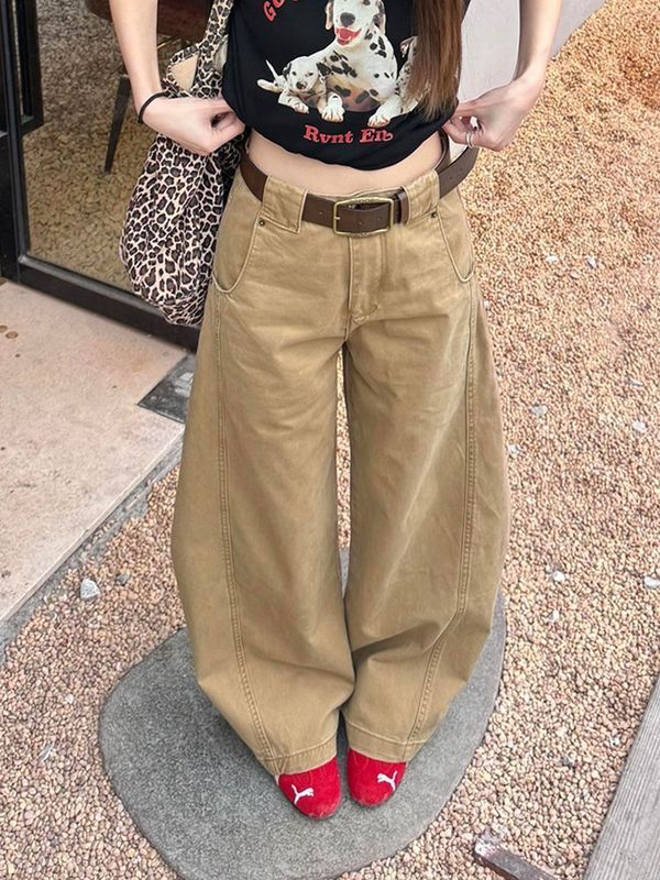 弯刀牛仔阔腿裤美式卡其色宽松慵懒高腰显瘦小个子女式牛仔裤子|undefined