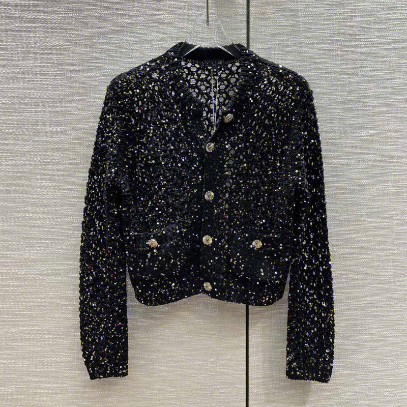 French-Style Chic Tweed Heavy Sequin Knit Sweater for Women, New 2026 Spring Luxury Retro Base Shirt