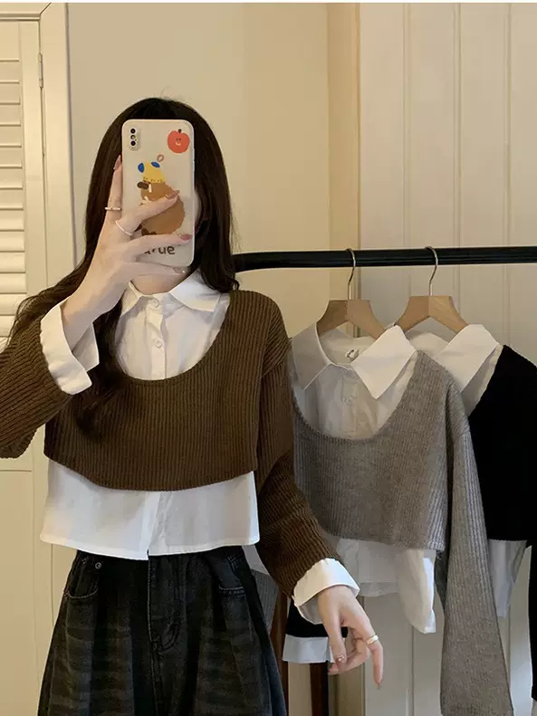 设计感小众假二件短款针织衫女秋冬季拼接衬衫翻领修身显瘦上衣女