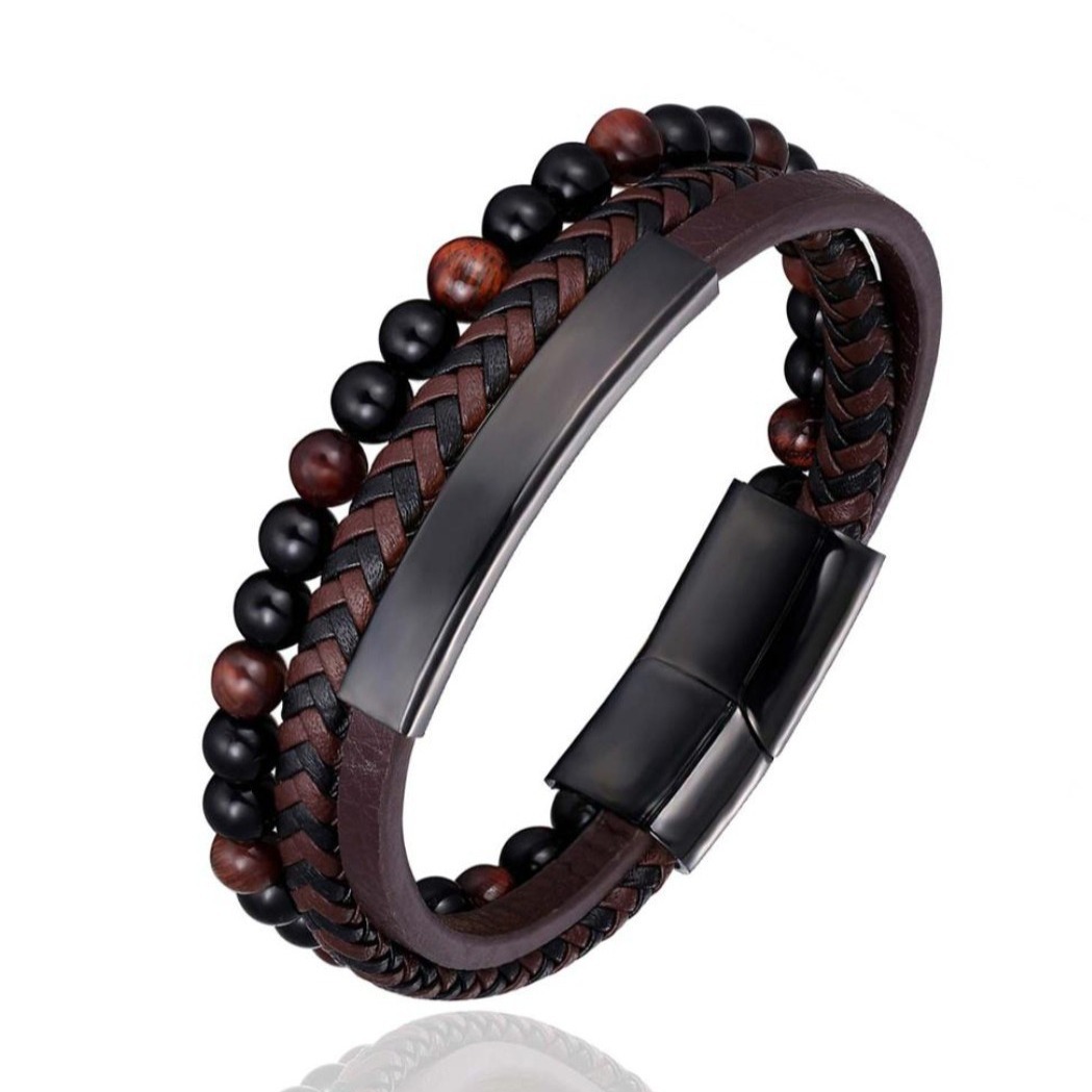 European and American Leather Genuine Leather Bracelet Men's Stainless Steel Bracelet Leather Rope Braided Jewelry Accessories String Color Bead Bracelet Wholesale