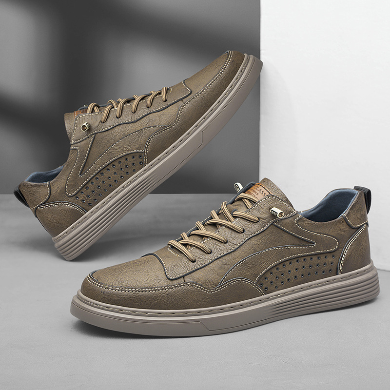 Otoño verano hombres zapatos de punta redonda superficie de piel de vaca transpirable nueva perforación casual zapatos blancos bajo la zapatilla de deporte superior