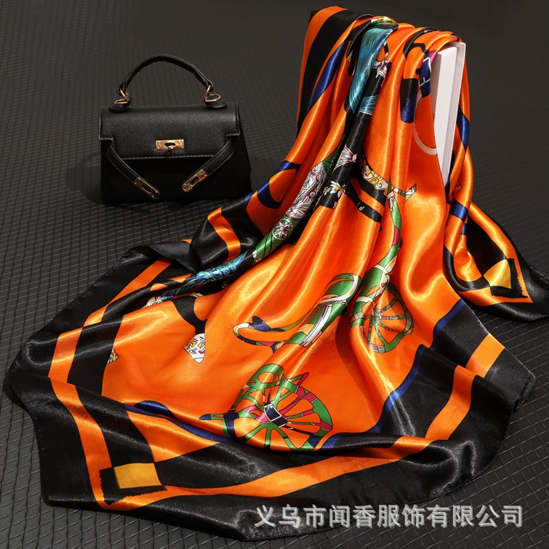 Classic realistic silk carriage, square scarf, 90cm, with neck protection