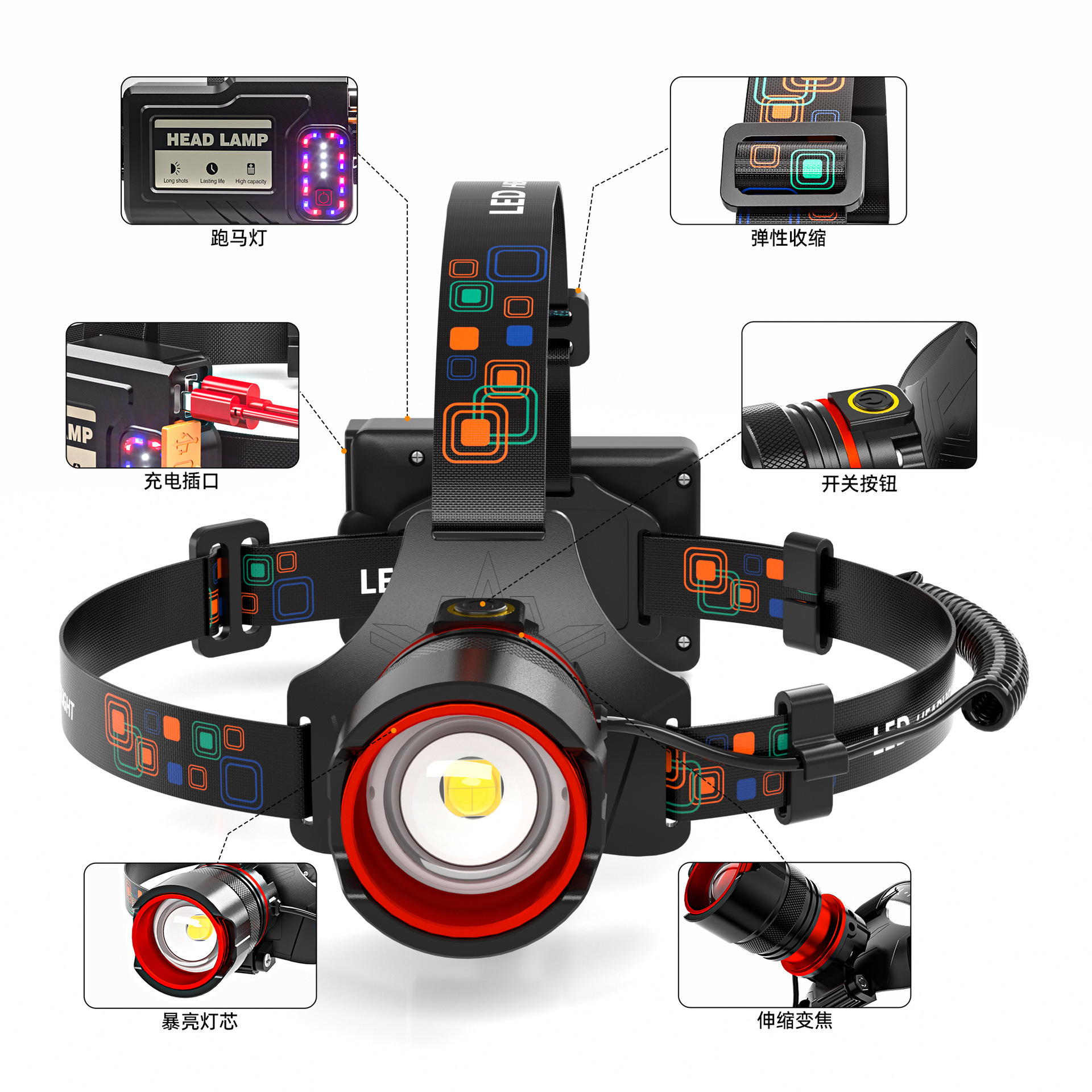 Carga transfronteriza luz de pesca nocturna al aire libre camping escalada luz de emergencia luz de advertencia de zoom de estiramiento de inducción luz brillante