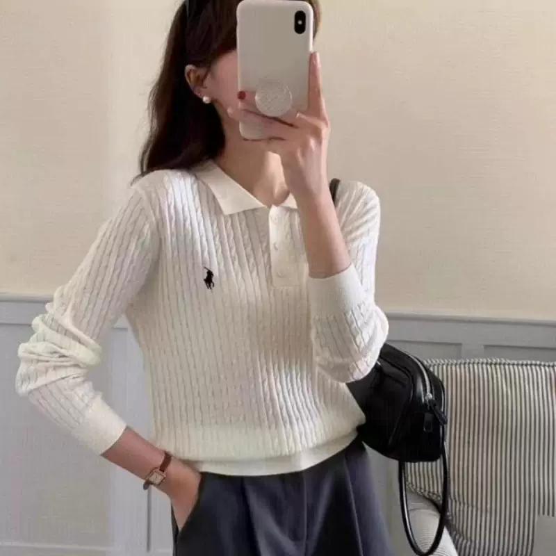 设计感polo领小马标刺绣毛织针织衫女装秋冬季长袖毛衣外贸跨境