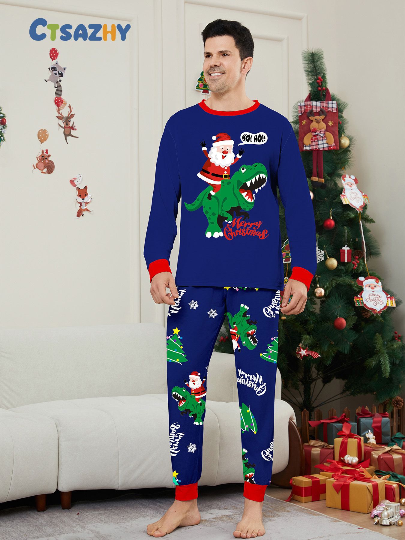 Božićna kućna odjeća Obiteljska odjeća Zelena pidžama s printom dinosaura Djeda Mraza Plavo odijelo_voghion.com