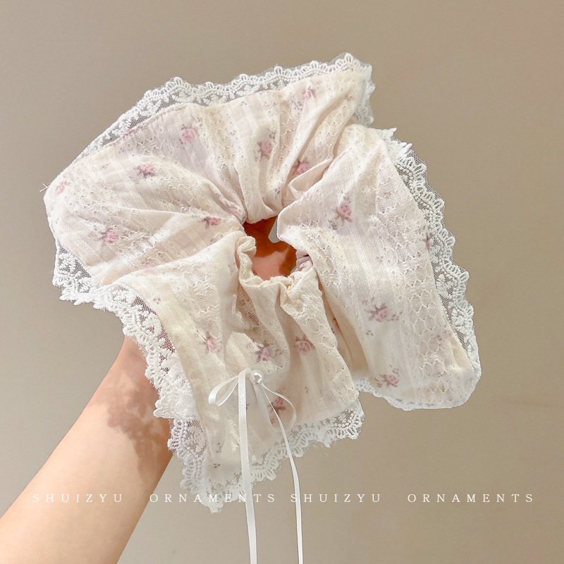 Lazo para el cabello de intestino grueso de encaje blanco de gran tamaño coreano para mujer 2025 nueva banda de goma cordón de encaje retro francés