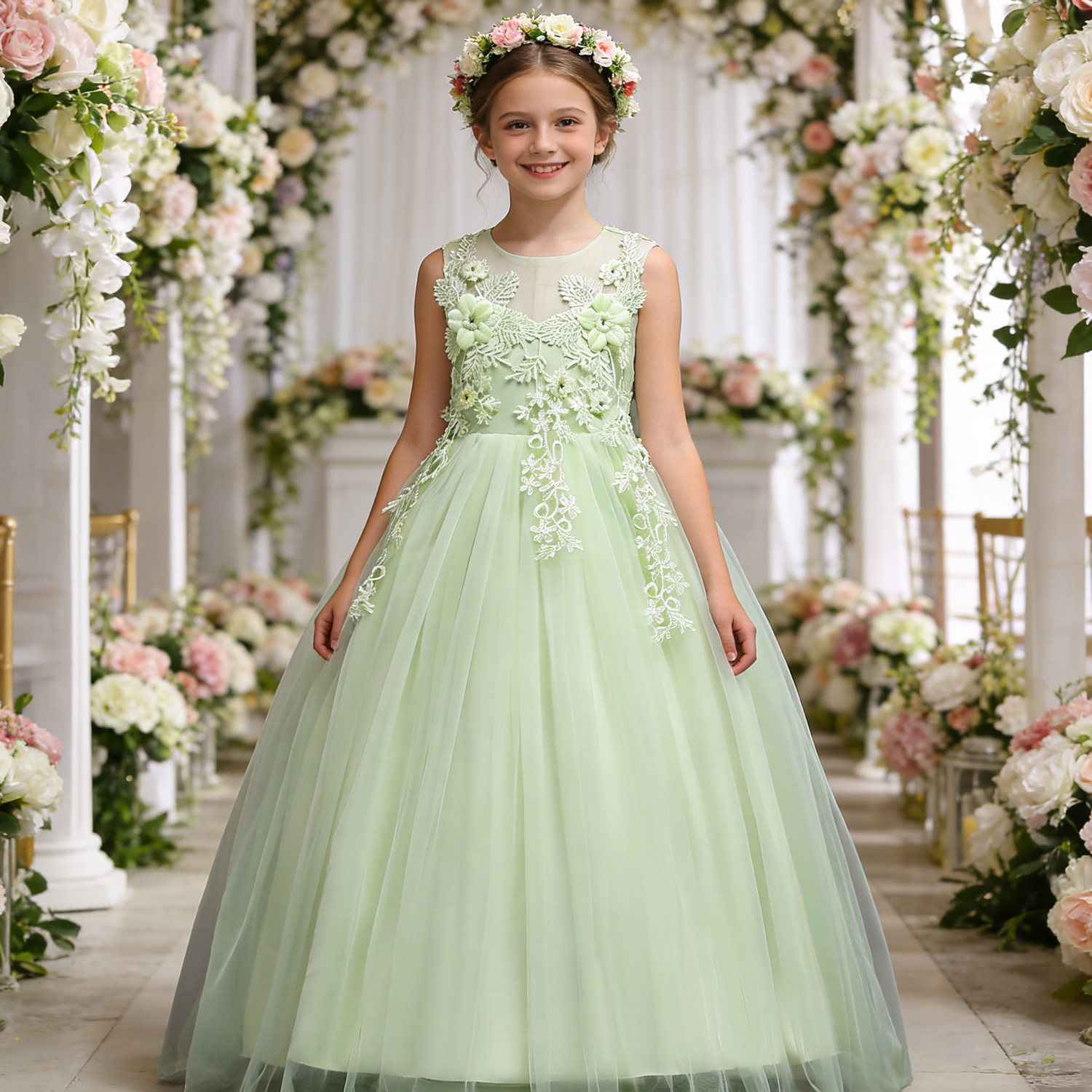 Vestido de princesa niñas vestido de pétalo de los niños medio y grandes niños vestido de malla de color sólido vestido de novia de niñas al por mayor