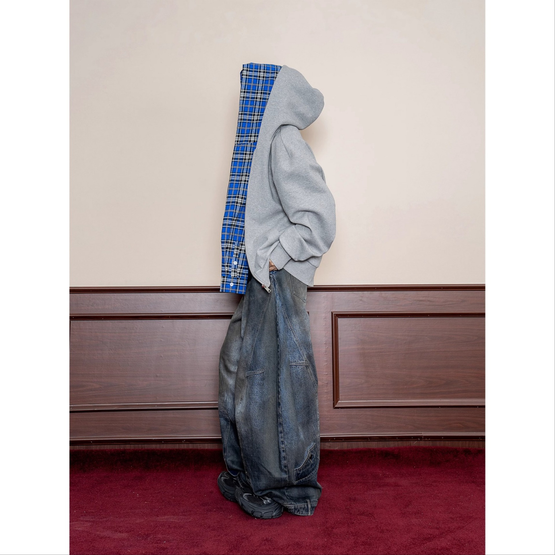 ​​Men's Checkered Zip-Up Hoodie – Heavyweight Faux Layered Pullover With Drop Shoulder & Side Pockets (Cotton Blend, Grey/Black, M-3XL)​​_voghion.com