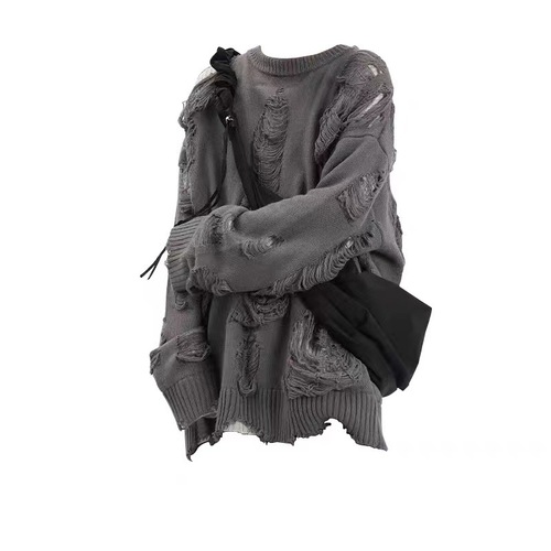 European and American High-Street Faux Two-Piece Oversized Ripped Sweater—Unisex Autumn/Winter Lazy-Style Hollow-Out Design Knitted Sweater