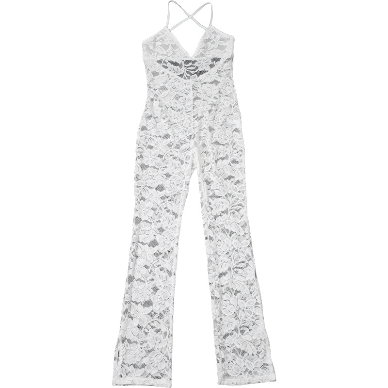 Summer Women Collection Sexy Deep V Plunge Sling Backless Lace See through Tight Jumpsuit