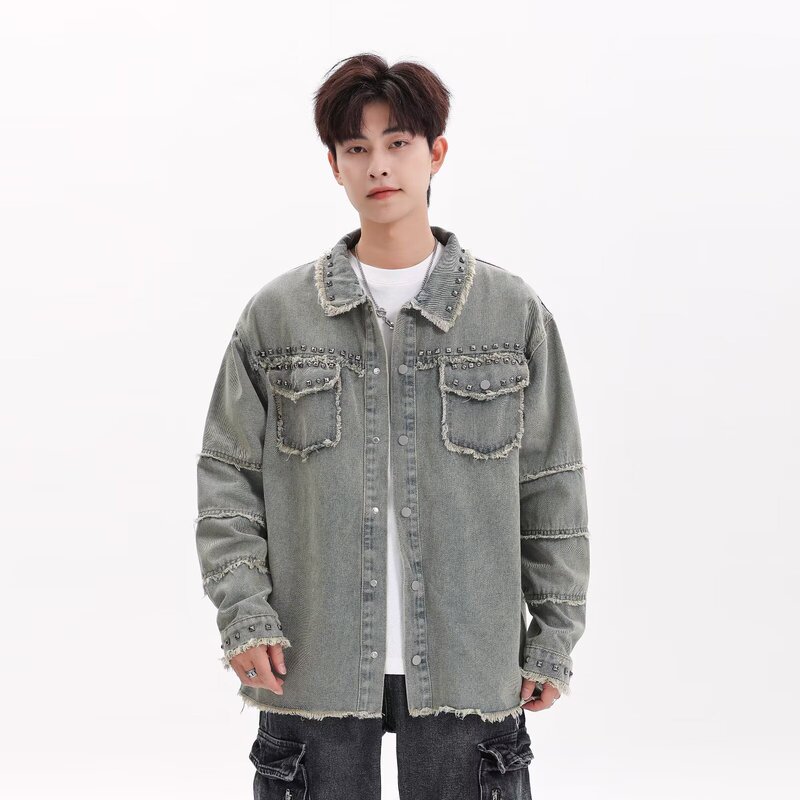 Foreign trade jacket design metal punk Denim brushed frayed loose heavy industry fashion brand American spring and autumn coat Foreign trade jacket design metal punk Denim brushed frayed loose heavy industry fashion brand American spring and autumn coat