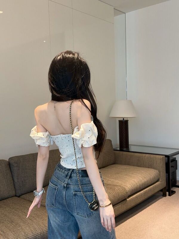 法式一字肩波点T恤女夏季温柔纯欲别致气质修身显瘦紧身绝美上衣|undefined
