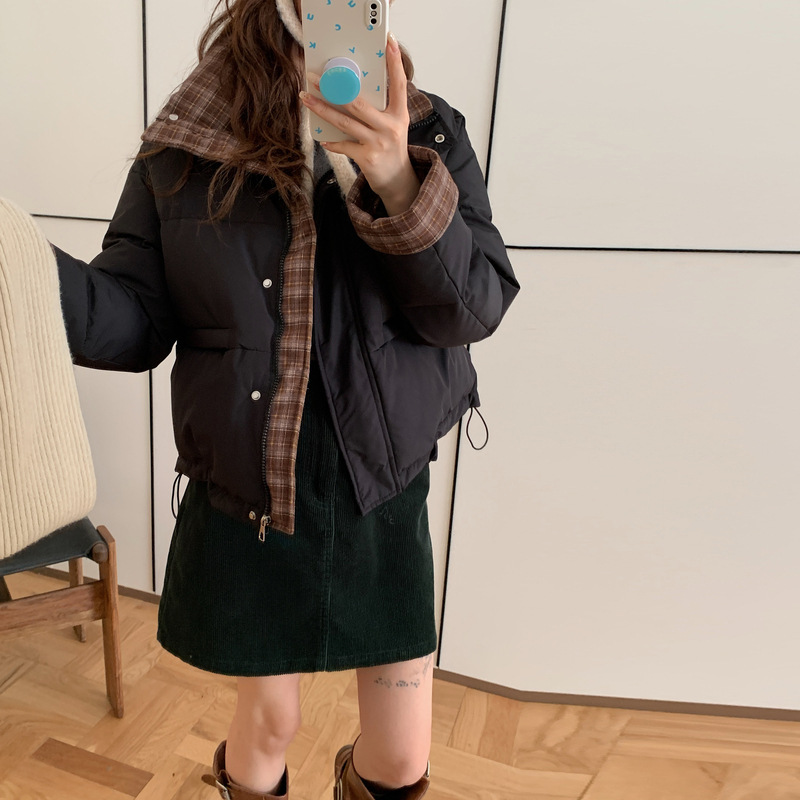 2025年冬季新款立领撞色短款羽绒棉服女宽松加厚小个子棉服外套潮|undefined
