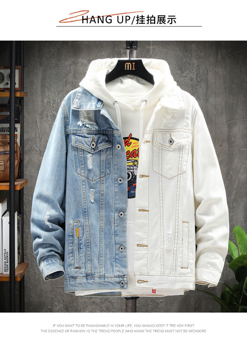 Men's Blue White Stitching Denim Jacket Ripped Jean Coat Casual Tops  Fashion New | eBay
