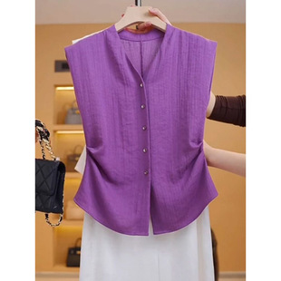 Sleeveless V-Neck White Shirt Women's Summer Waist Vest Vest Large Size Slightly Fat Slimming Look French High-End Top