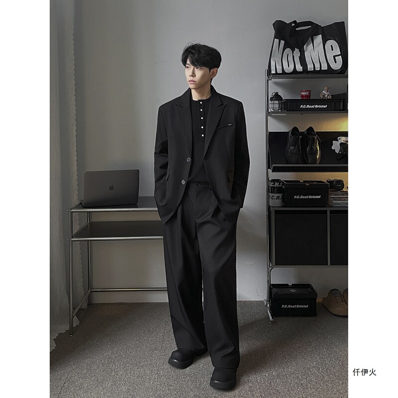 Trendy blue casual retro suit for men, single-breasted, stylish Korean loose fit with notched lapels, two-piece set Trendy blue casual retro suit for men, single-breasted, stylish Korean loose fit with notched lapels, two-piece set