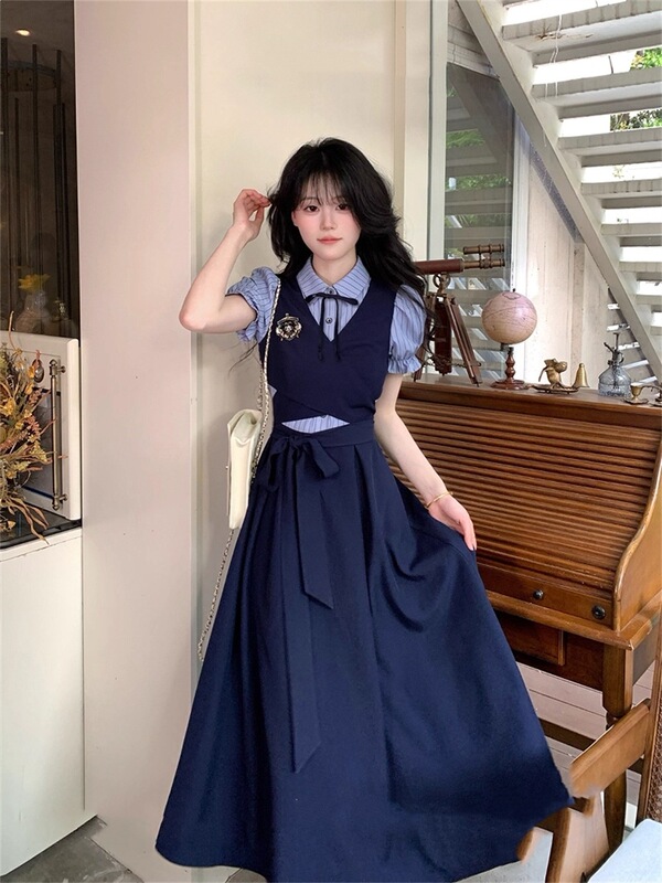 Dark Blue Scale-Patterned College-Style Patchwork Faux Two-Piece Waist-Cinching Youthful Long Dress with Polo Collar for Early Autumn