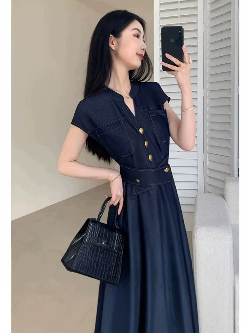 Váy denim thời trang tay ngắn thắt eo tôn dáng — màu xanh đậm