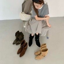 复古磨砂皮尖头褶皱堆堆靴子2025新款单靴内增高短筒西部牛仔靴女