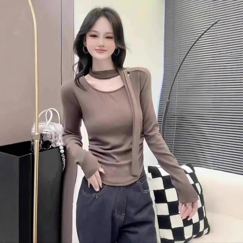 冬季辣妹性感长袖t恤时尚挂脖修身显瘦别致不规则流行加绒上衣ins