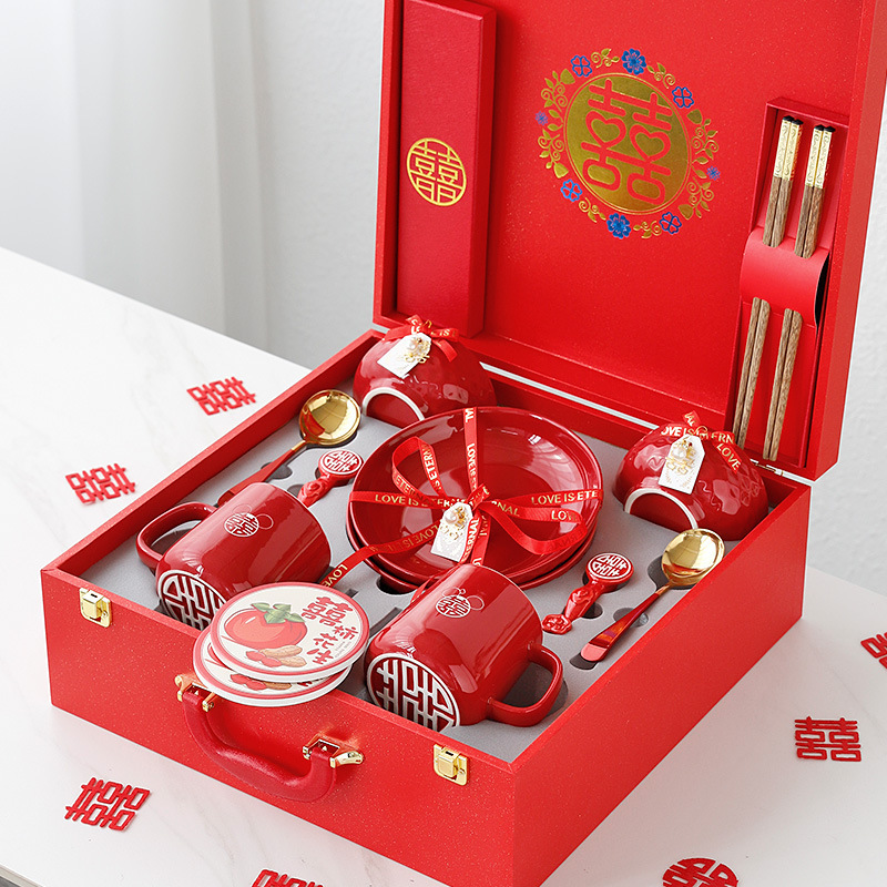 Ceramic tableware bowl and chopsticks set bowl and plate combination set wedding gift Red Bowl gift box practical high-looking Ceramic tableware bowl and chopsticks set bowl and plate combination set wedding gift Red Bowl gift box practical high-looking