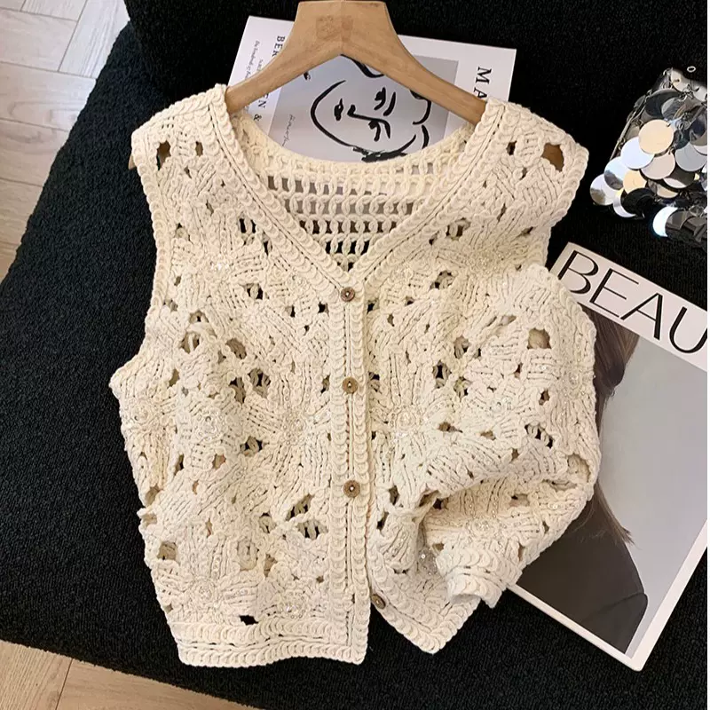 专柜撤回剪标法式钩花镂空亮片马甲背心女夏新款宽松外搭叠穿上衣