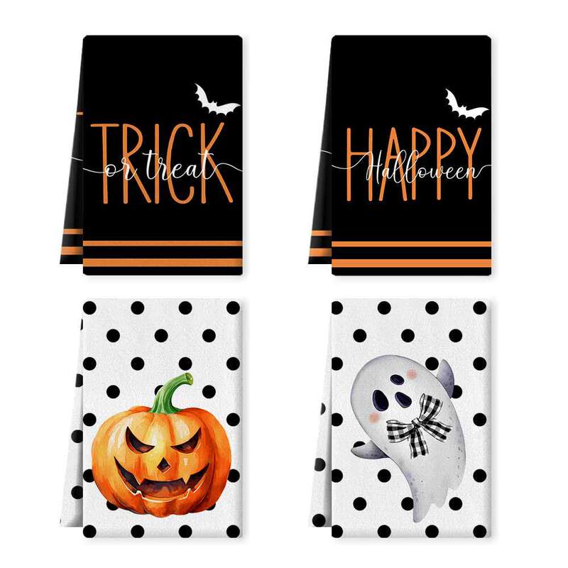 Dish Towel Halloween Bat Pumpkin Kitchen Dish Towel Four-Piece Set Microfiber Home Hand Towel Dish Towel