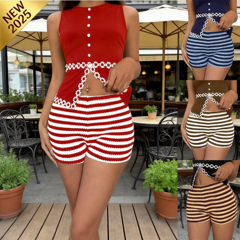 2025 European and American Women's Pants Amazon Cross-Border Spring and Summer New Fashion Striped Low-Waist High-Elastic Women's Shorts