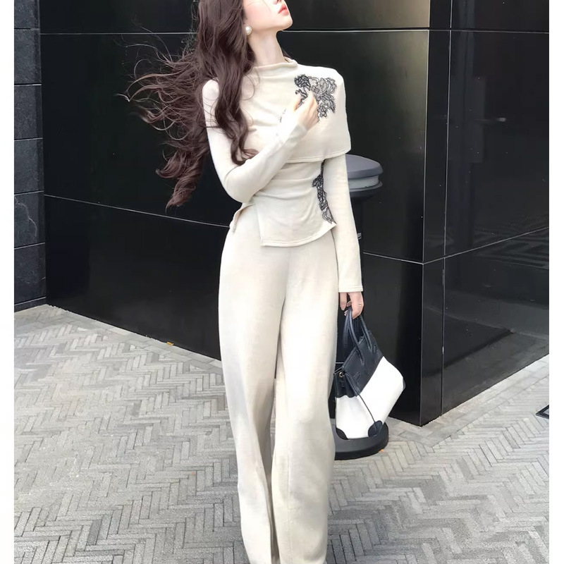 复古穿搭女2025新中式半高领长袖针织衫刺绣上衣高腰阔腿裤套装秋|undefined