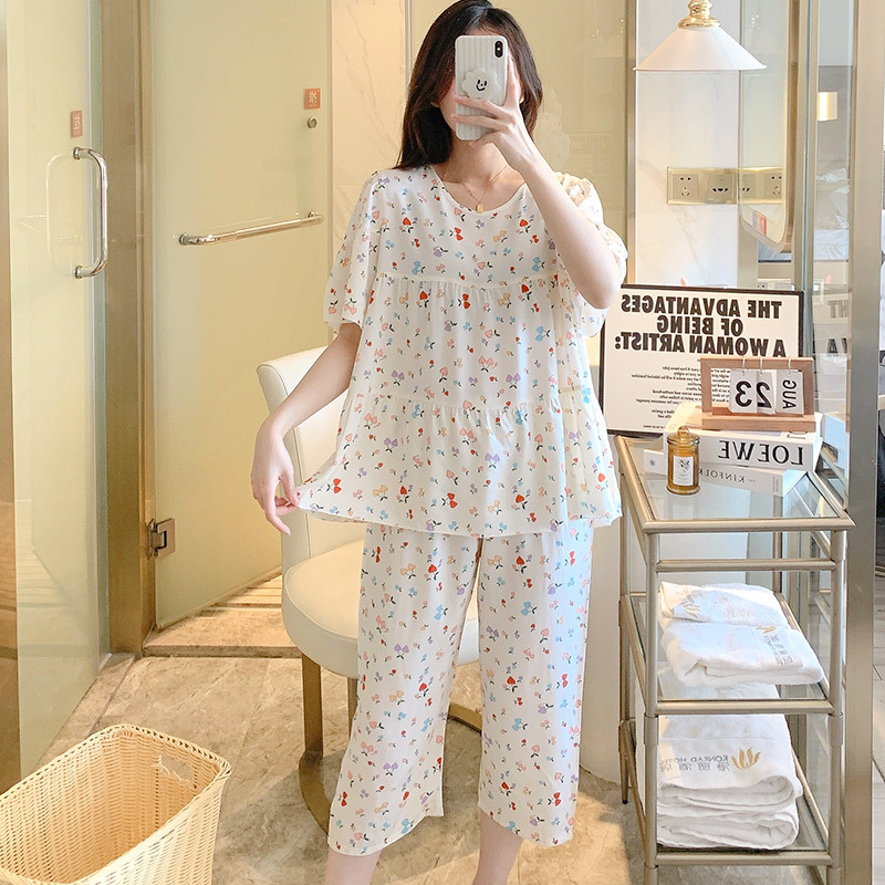 Pijamas de seda de algodón de manga corta de verano Estilo occidental de las mujeres aire acondicionado Delgado desgaste del hogar Chica japonesa dulce estudiante de algodón traje de seda