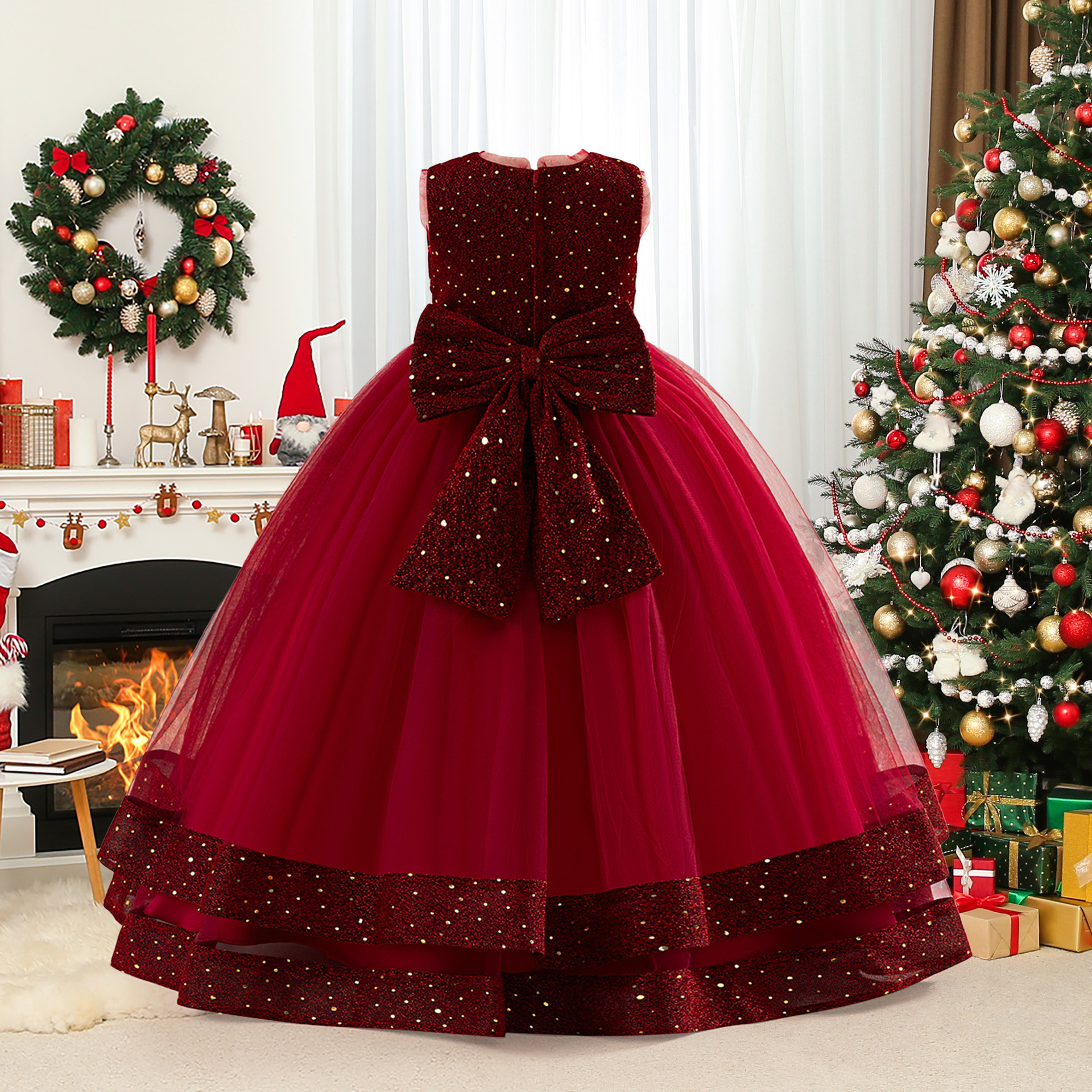 Nuevo vestido de noche de niñas transfronterizas vestido de princesa de navidad vestido de presentación vestido de arco de sequillas