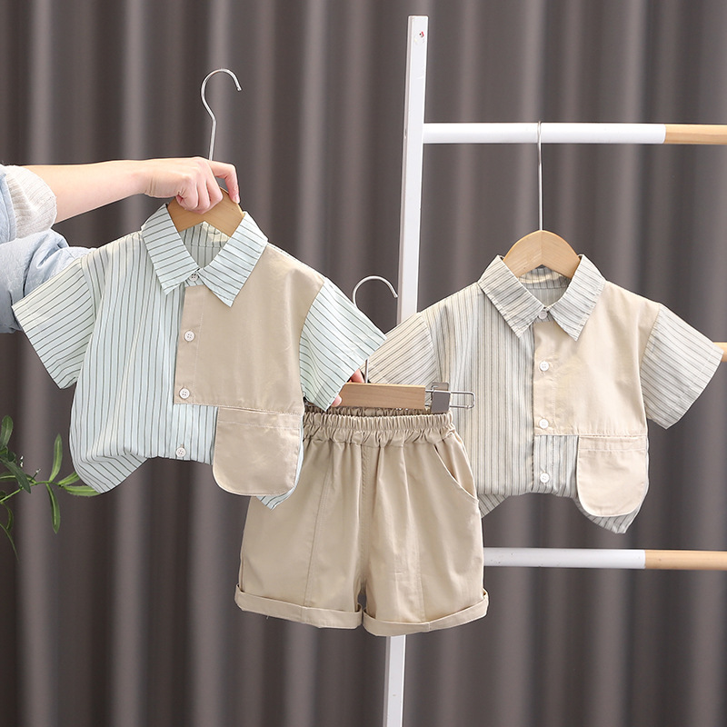 Boys' Summer suit 2025 New Handsome Children's Vertical Stitching Shirt Two-Piece Set of Boys' Summer Shorts