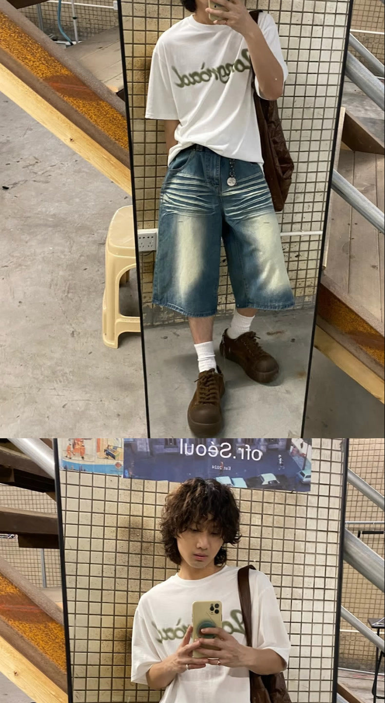 Men's Vintage Washed Blue Distressed Denim Shorts Loose Fit Streetwear Style Cargo Pants with Multi-Pockets_mkmklike.com