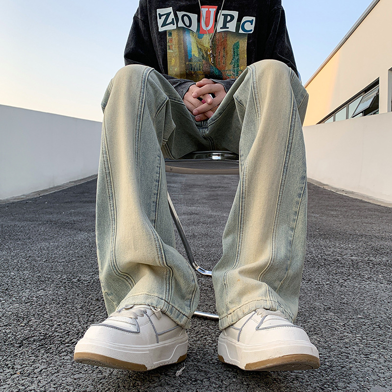 Amarillo barro rectos jeans de moda masculinos primavera callejera pantalones de pierna ancha sueltos retro retro americano