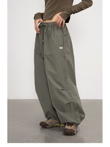 American Style Loose Straight Leg Sport Pants for Men with Elastic Waist, Fat Straight Leg Plain Color Ankle Air Pants Trendy