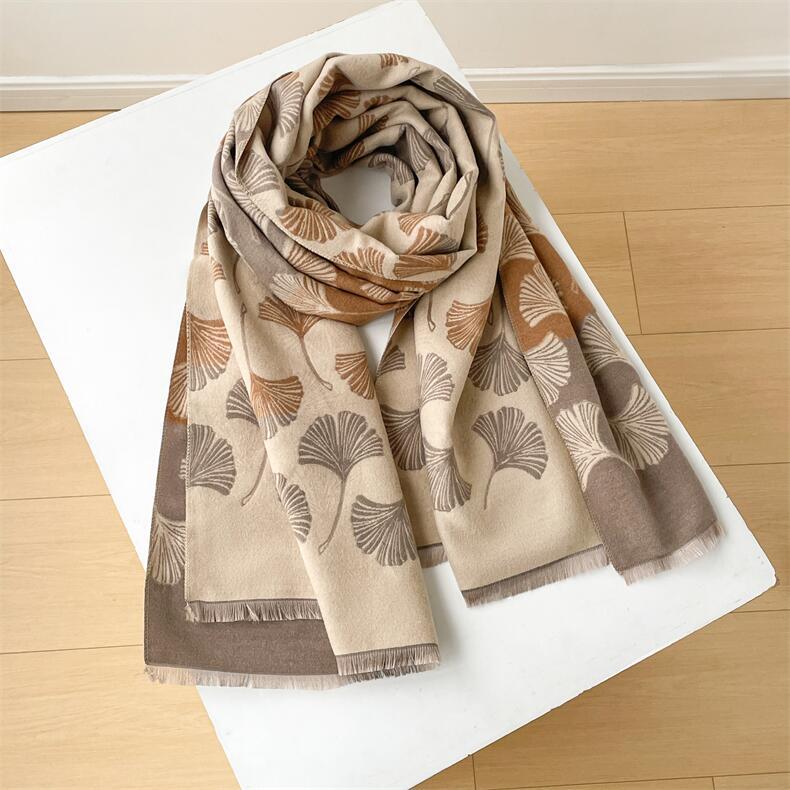 684g Weight Scarf Classification Outdoor, Daily Occasion Imitation cashmere Material Ginkgo Leaf Pattern Autumn&Winter Season Women's Gender Japanese Style, Sweet Style Women's Japanese Style Sweet Ginkgo Leaf Imitation Cashmere Scarf 2