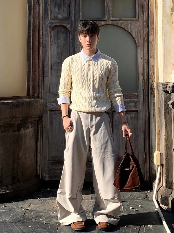 假两件拼接条纹毛衣男高级感老钱风麻花纹Polo毛衣cleanfit针织衫|undefined