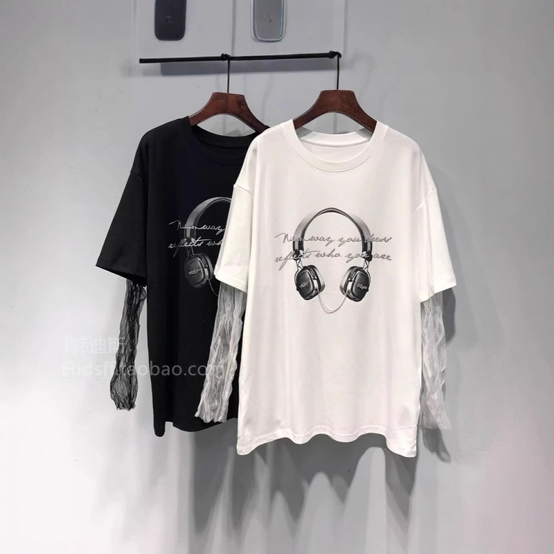 European Station Summer plus size Headphones Printed Top Korean Style Chubby Girl mm All-match Western Style Loose Short-sleeved T-shirt for Women