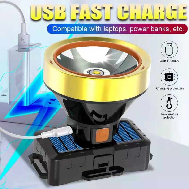 Solar recargable faro trabajo al aire libre multifunción fuerte luz iluminación faro lejos y cerca de doble fuente de luz linterna portátil