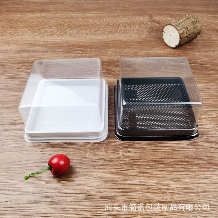 Embalaje para hornear cuadrado caja de pastel de múltiples capas antigua caja de mousse temprano bacterias de ácido láctico tapa transparente fondo blanco y negro