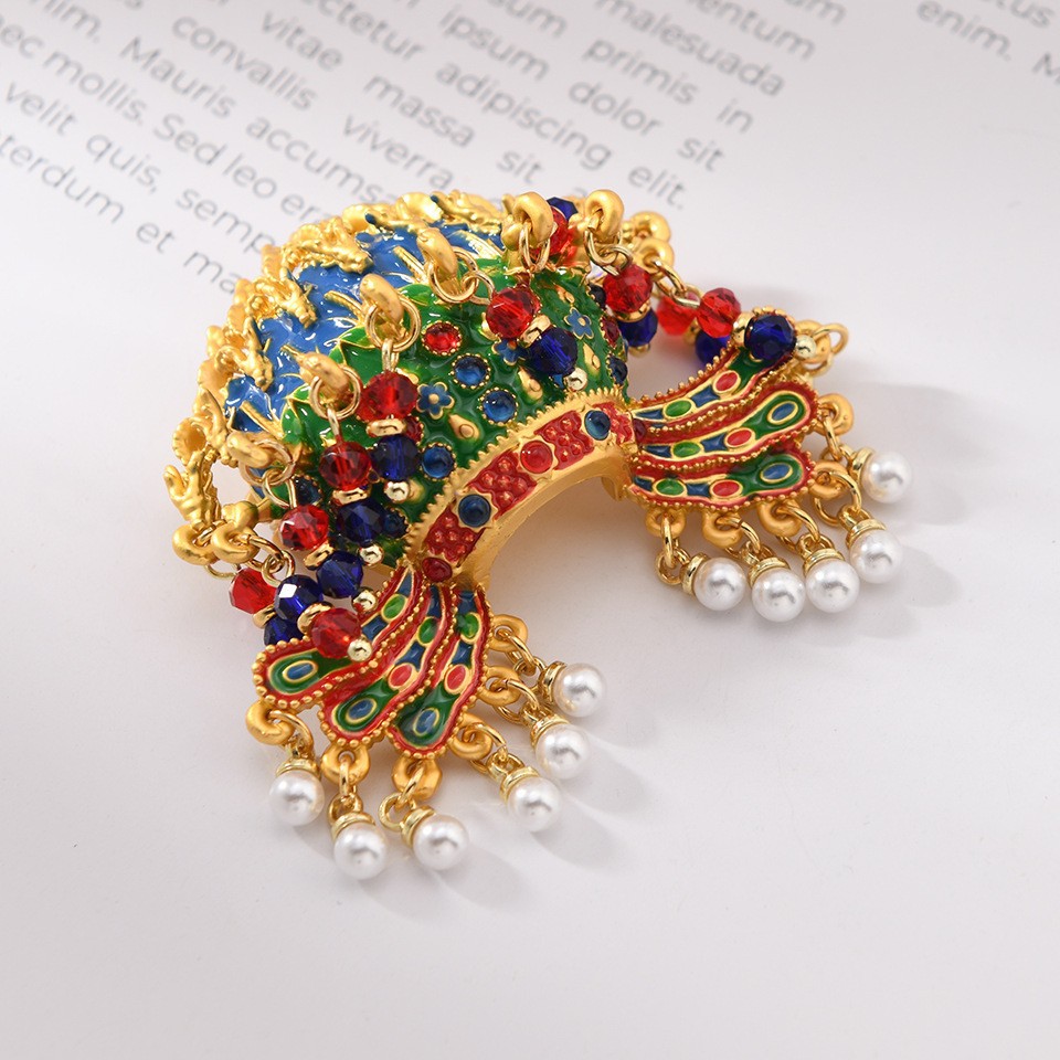 In-Stock Factory Direct Supply Phoenix Crown Brooch, Cloisonné Enamel Pearl Tassel Ancient Style Hanfu Hair Accessory Wholesale