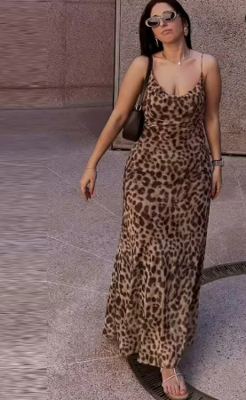 Cross-border Summer New Women's Clothing Animal Print Strap Long Dress Slimming And Sexy Pleated Design_ecoleips.com