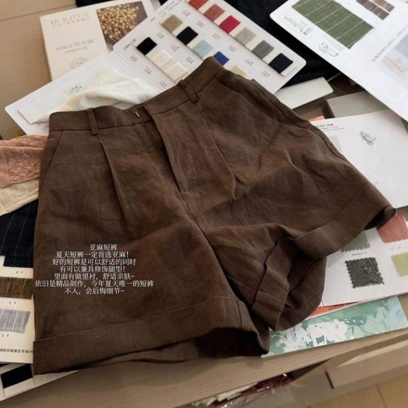 Sun! French Imported Brown Linen Wide-Leg Shorts for Women, 2026 Summer Fashionable Casual Old Money Style Pants