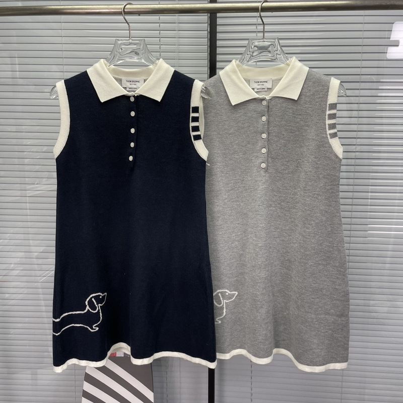 Tb Tom Factory Direct Sale Women's Summer New Knitted Side Doggy Print Four-Stripe Lapel Sleeveless Dress