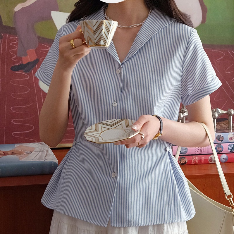 French Navy Collar Short-Sleeved Shirt Women's New Summer Vertical Striped Thin Loose Casual Versatile Niche Top