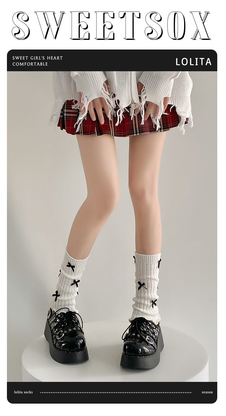 Scaldamuscoli Calzini in cotone per donna Calzini in pile lavorato a maglia Primavera e autunno Leggings bianchi autunnali e invernali con fiocco a tubo medio_voghion.com