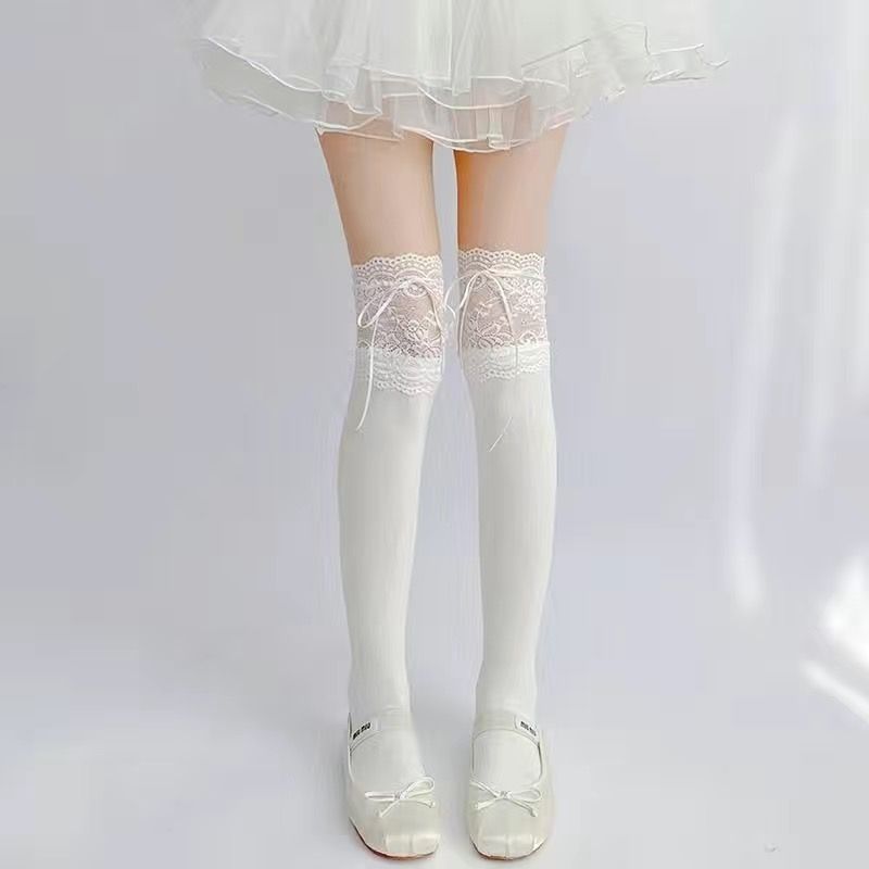 Japón blanco encaje calcetines de pantorrilla Lolita cinturón de cinta rodilla calcetines anti-deslizante