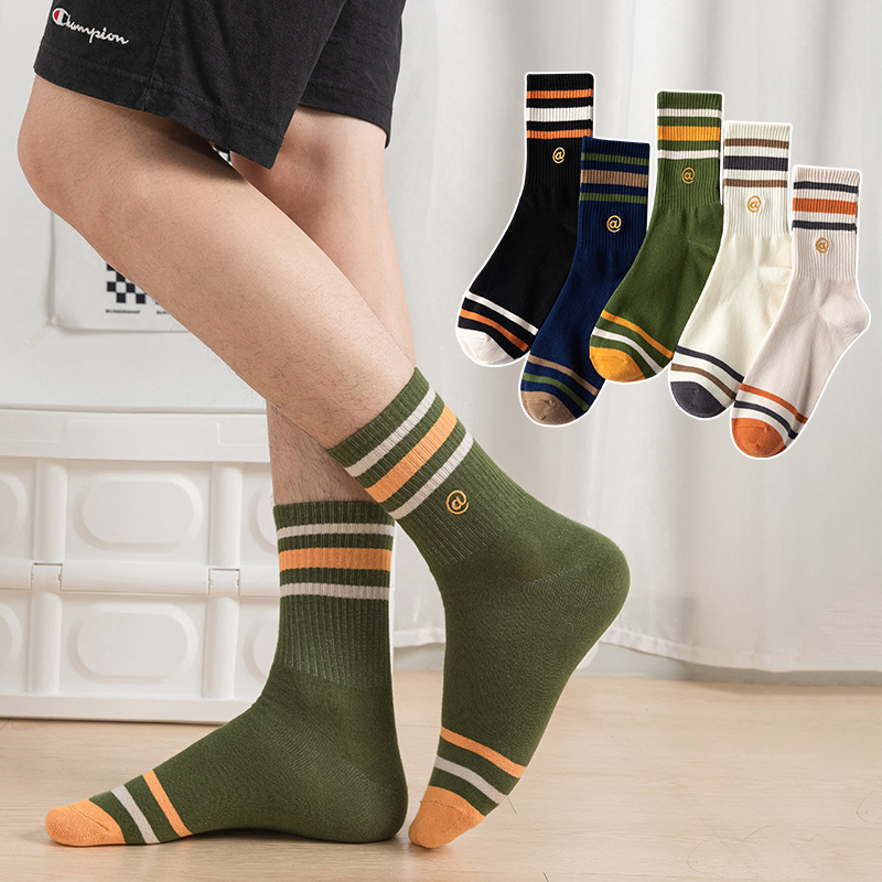 Solid Color Cotton Socks Boys Mid-tube Socks Striped Letter Embroidered Men's Socks High Rubber Zhuji Socks Solid Color Cotton Socks Boys Mid-tube Socks Striped Letter Embroidered Men's Socks High Rubber Zhuji Socks