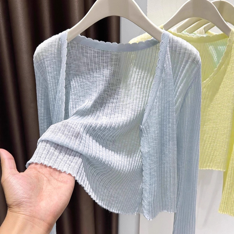 Plus Size Blue V-Neck Ice Silk Sun Protection Knitted Cardigan for Women Summer Thin Suspender Outer Knitted Knitwear Top Shawl