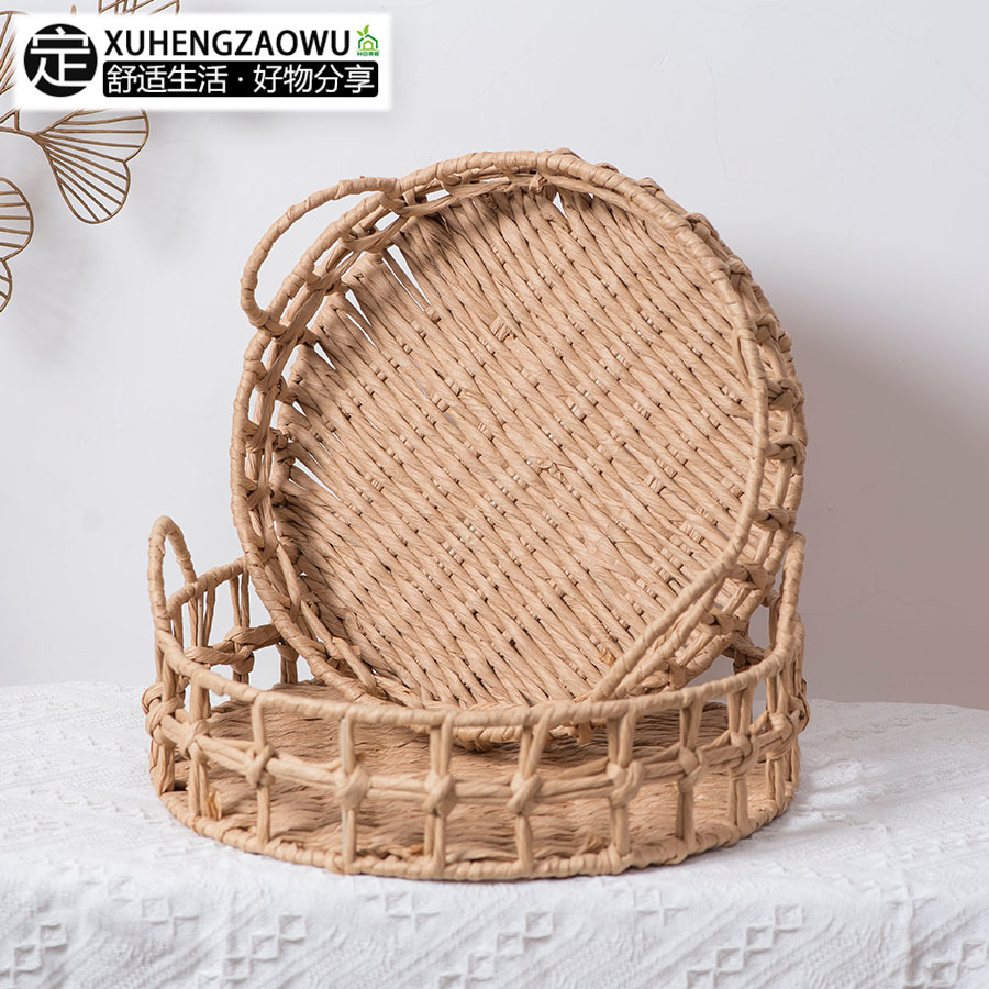 Pequeño pan redondo de escritorio tejido a mano personalizado único, cesta de frutas secas, cesta de almacenamiento de cuerda de papel de té en el horno